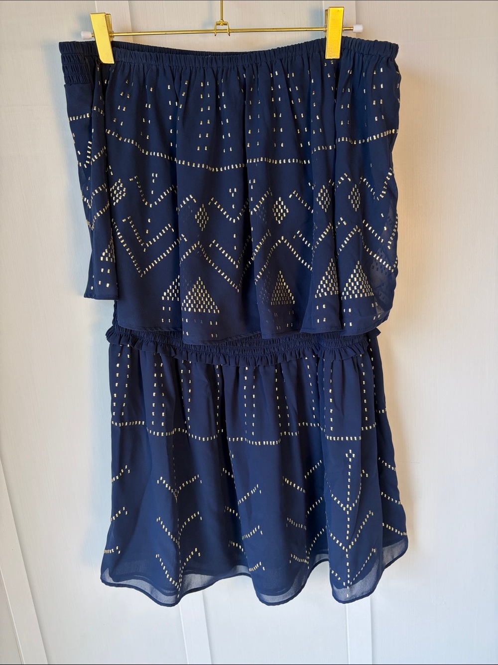 Ramy Brook Navy Blue Sleeveless Ruffle Dress with Metallic Dot Pattern